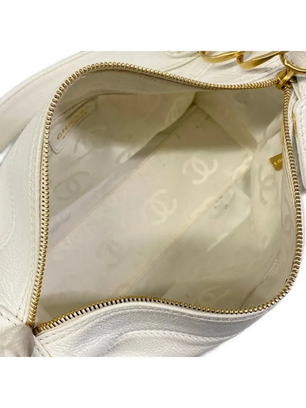 Chanel Handbag White Chain Handle Gold CC Logo Leather